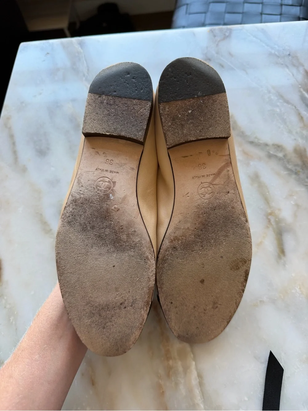 CHANEL Beige and Black Leather Cap-Toe Ballet Flats